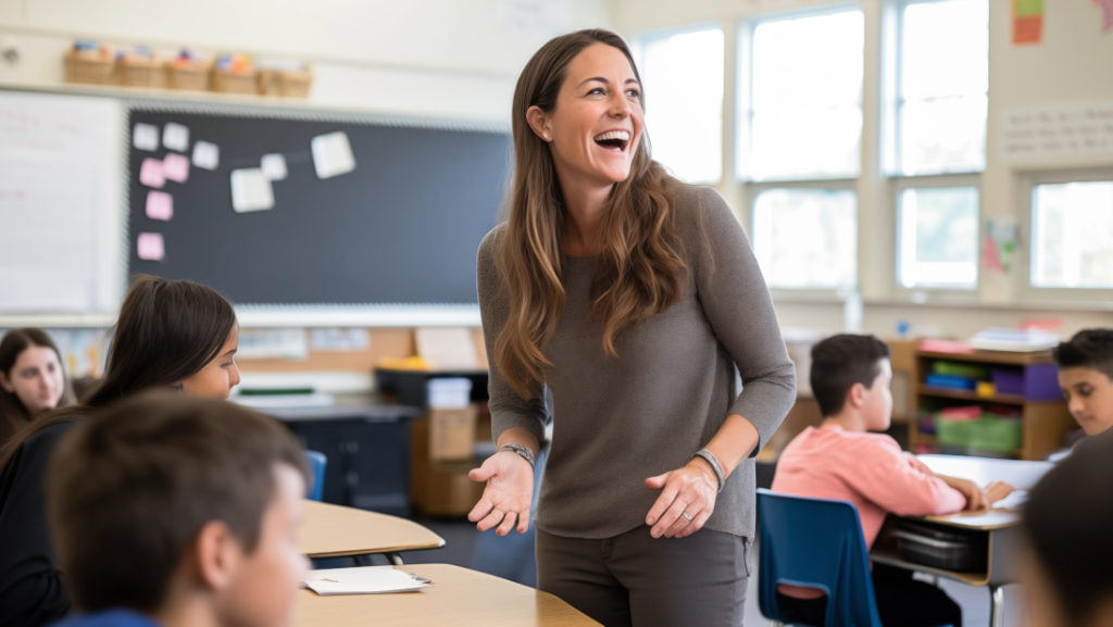 Happy teacher in front of classroom